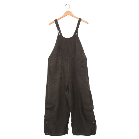 New Cynthia Ashby Linen Dark Brown Black Wide Leg Overalls Small
